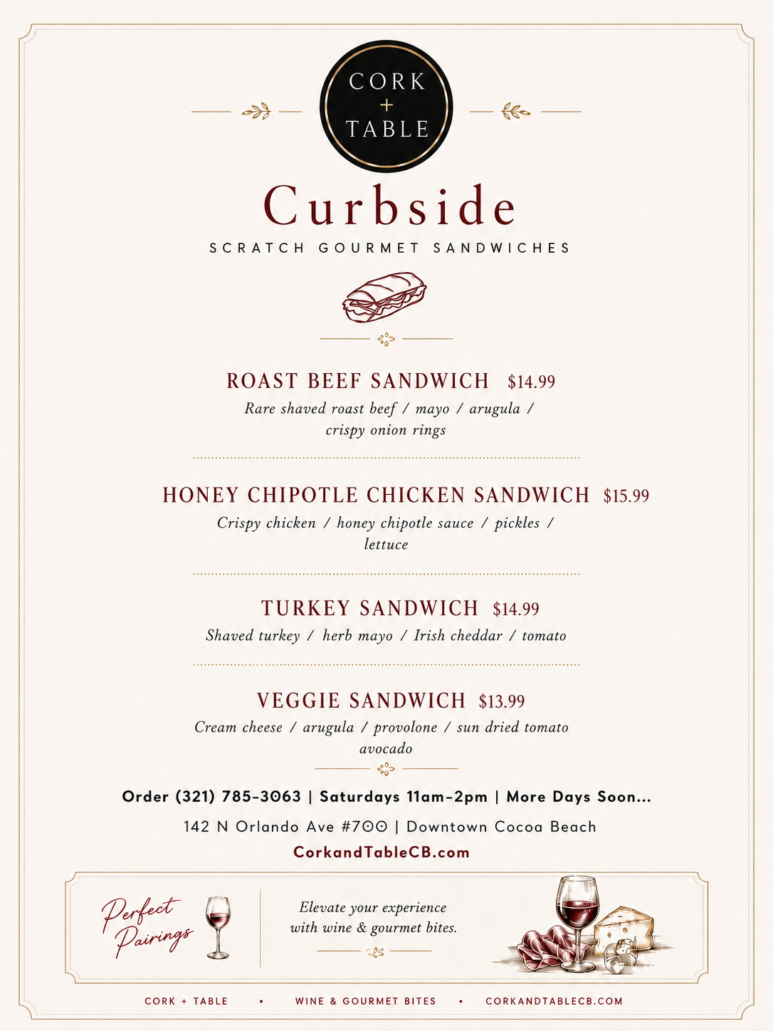 Cork + Table Curbside scratch gourmet sandwiches menu