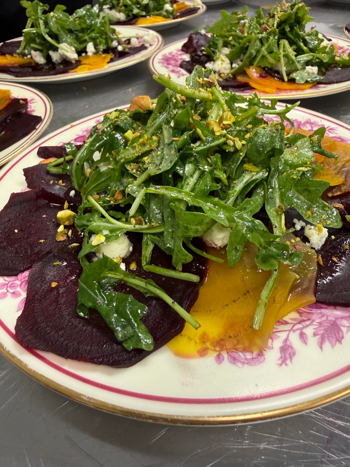 Roasted beet salad with arugula, pistachio and goat cheese